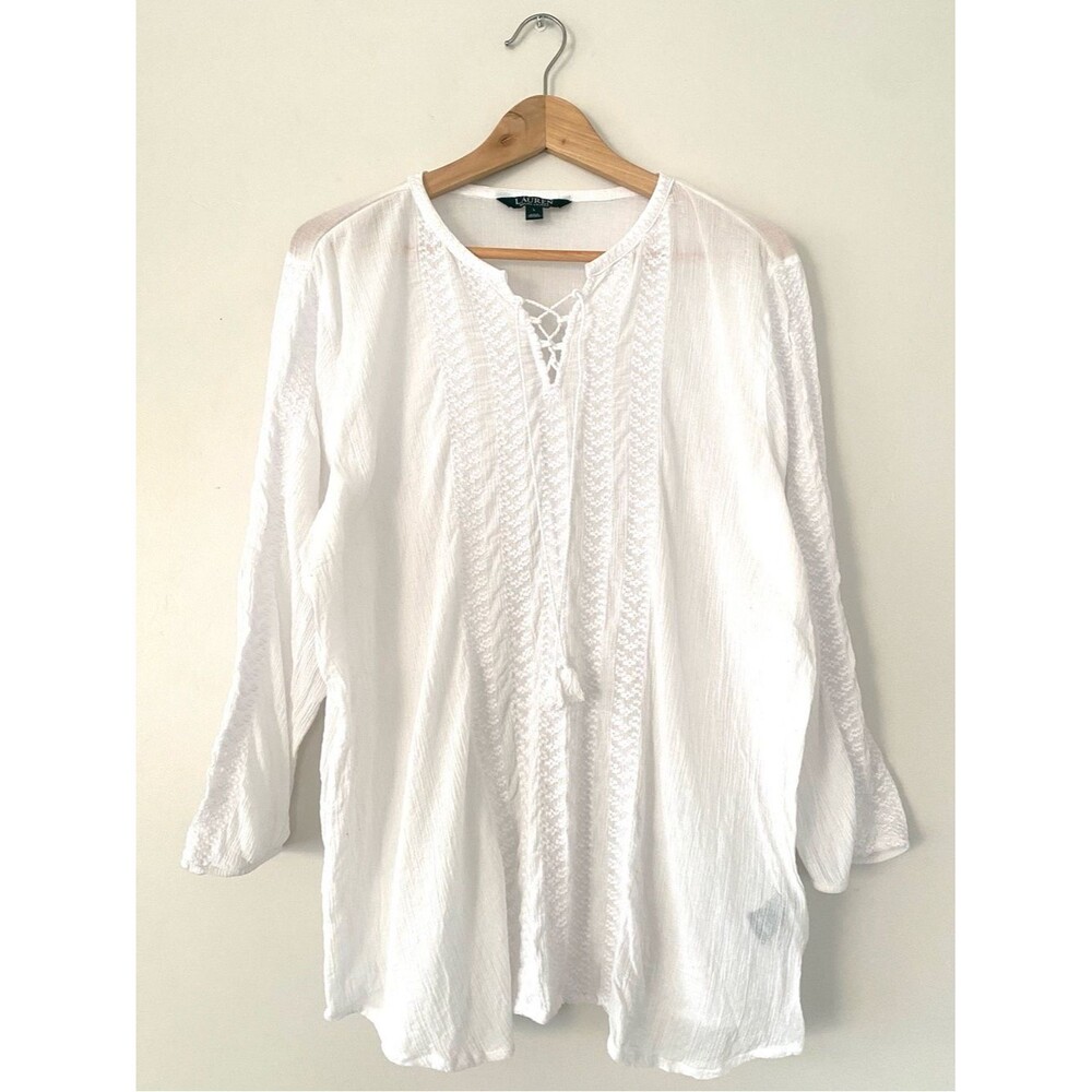 Lauren Ralph Lauren White Embroidery Tunic Sz L Tassels Tie Peasant Beach Boho